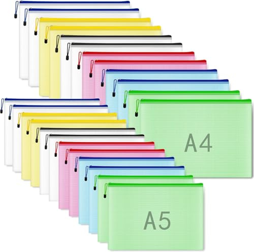 24 Stück A4 A5 Dokumententasche mit Reißverschlusstasche zum Abheften, Wasserdichte Dokumententaschen Kunststoff Zipper Sortierbeutel für Reise Schule Kosmetik Papier Datei Tasche(6 Farben) | Wasserdichte Dokumententasche mit Reißverschluss Dokumententaschen Kunststoff Zipper Sortierbeutel für Reise Schule Papier