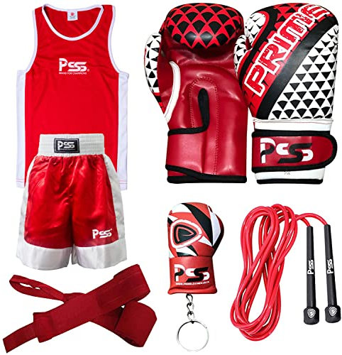 PSS Kinderboxset/Boxuniform & Handschuhe, Handgelenkverband, Springseil, Schlüsselring, professionelles Zubehörset für Sparring, Mixed Martial Art, (1023 rot, 9-10 Jahre)
