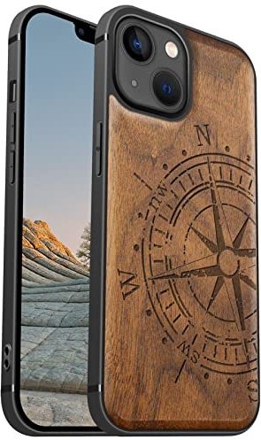 Carveit Étui en Bois pour iPhone 13, (Noyer-Boussole Vintage) | Bois Étui de Magnétique Téléphone Antichoc TPU, Protection Case Compatible Magsafe pour iPhone 13 Coque