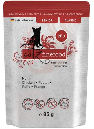 catz finefood Senior N°03 Kyckling kattmat våt – premium våtfoder för din senior katt – spannmålsfri, utan socker, hög kötthalt, vitaminer och mineraler (16 x 85 g påse)