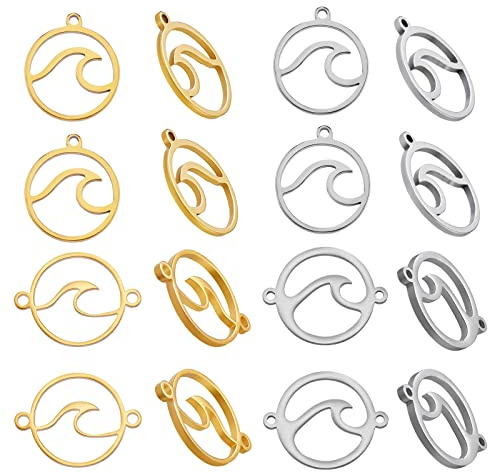 COGCHARGER 16 Pieces Flat Round with Wave Charm Pendant Stainless Steel Charm Links Connectors for Jewelry Necklace Earring Making Crafts