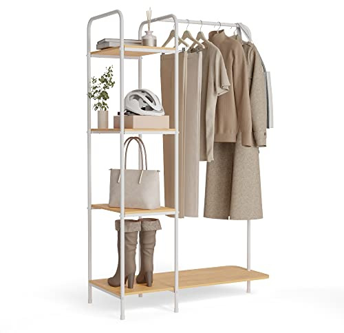 Newlux-Burro Ropa Resistente Hasta 35kg Hangy Wood 400 con Zapatero. Perchero Burro Ropa Metálico de Gran Estabilidad | Fácil Montaje | Base Antirayaduras | Incluye 4 estantes (492x42x150cm)|Blanco