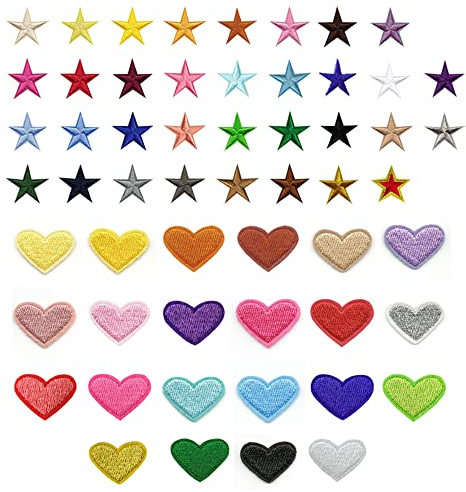 Sixfolo 56 Piezas Mini Parches Termoadhesivos Ropa,Parches Bordados en Forma de Corazón y Estrellas,parches Ropa Planchar Niña Pegatinas ropa Termoadhesivos para Adornos y Reparación de Prendas