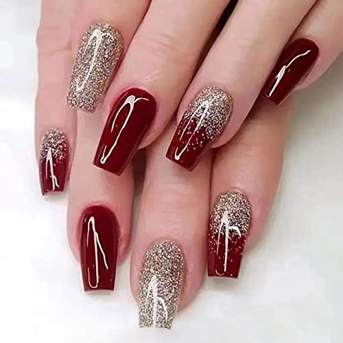 24 Stück Eckig Nägel Zum Aufkleben Kurz, Roter Glitzer French Künstliche Nägel, Natural Kunstnägel Press on Nails mit Design, Square Fingernägel Fake Nails für Frauen und Mädchen Party und Heimat DIY