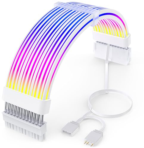 Sirlyr 24 Pin RGB PSU Cables,ARGB PC Cable for Motherboard Power Supply Extension - 5V 3Pin Addressable Four Sides Lighting RGB Strips Decor Computer Case White