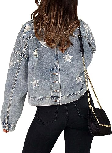 Vagbalena Giacca di Jeans Oversize con Perline e Stelle Ricamate (Blu,S)