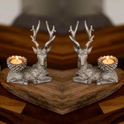 Marco Paul Set of Two Resin Stag Tealight Holders Candle Holder Traditional Christmas Decorations Deer Antler Table Decoration Centrepiece Tea Light Candle Holders Decorative Reindeer Ornament 2pc