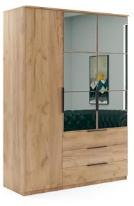 BM-Möbel Kleiderschrank mit Drehtüren, Schubladen und Spiegel - mit Einlegeböden und Kleiderstange - für Garderobe, Schlafzimmer - Modern - Eiche Gold Craft Holzimitat - 150 cm B, 215 cm H