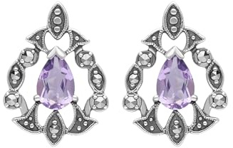 Esse Marcasite Sterling Silver Pear Cut Amethyst & Marcasite Art Nouveau Earrings
