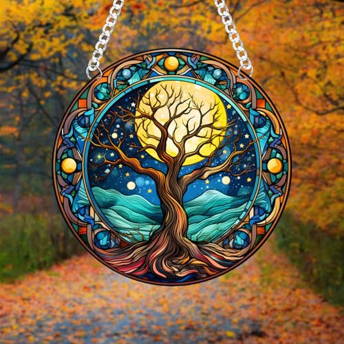 DRWSSR 1 x Baum des Lebens Buntglas Sonnenfänger Natur rund große Bäume und Sterne Mond Sonnenfänger hängende Dekoration mit Metallkette Sonnenfänger für Fenster Dekor Outdoor Garten Dekor Geschenk