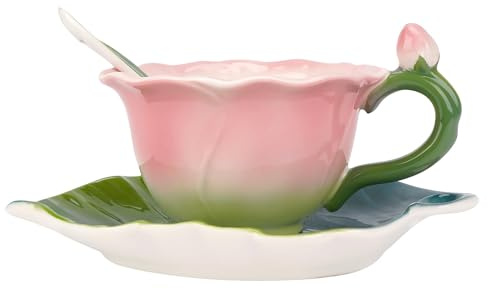 Philo Fun Pink Rose Floral Teacup and Saucer Set for Women, 5.6 Oz Enamel Porcelain Rose Flower Shaped Tea Cup with Spoon