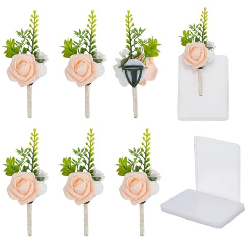 DELORIGIN 6 Stück Blumen Ansteckblume Für Hochzeiten Knopflochblume Ansteckblume Für Männer Mit 6 Kunststoffhüllen Handgemachte Rosa Boutonniere Für Hochzeit Bräutigam Trauzeugen Jahrestag
