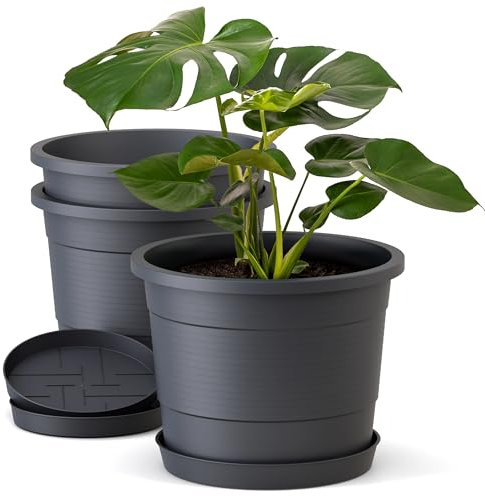 Plastard Blumentopf Terra 3er Set 35 cm Durchmesser Anthrazit - runder Pflanzkübel mit Untersetzer aus Kunststoff - witterungsbeständiger Übertopf, großer Pflanztopf
