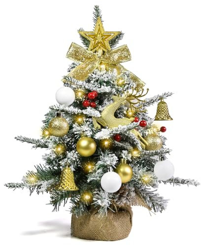 Albero di Natale Mini Artificiale 45cm, Piccolo Albero Innevato con Ornamenti, Stella Albero di Natale, Luci LED, Baubles Natalizie, Albero Piccolo per Decorazione di Natale Interna Ufficio Tavolo