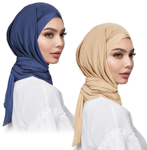 XEPST 2PCS Instant Hijabs for Women, Muslim Long Hijab Scarf Lightweight Soft Head Wraps Solid Color Hijab for Women, Navy Blue and Khaki