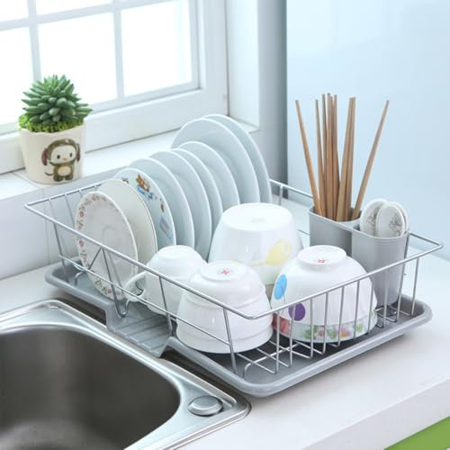 Warmiehomy Dish Drainer Rack Draining Board Rack with Drip Tray Dish Drying Organizer with Cutlery Holder Space Saving Sink Drainer Racks for Kitchen Counter, Grey