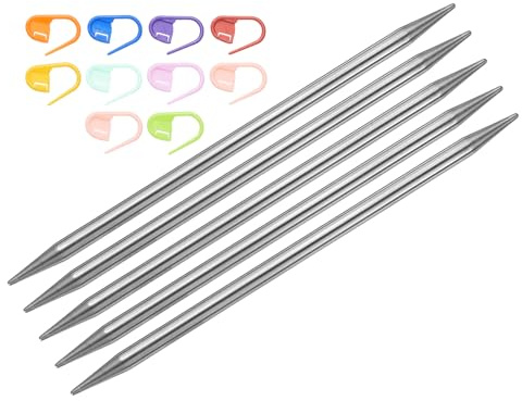 sourcing map 5Pcs Knitting Needle Size US 8(5mm) 6 Inches (15cm) Length Stainless Steel Double Pointed Sweater Stitching Needles with 10 Colorful Stitch Markers for Handmade Projects DIY