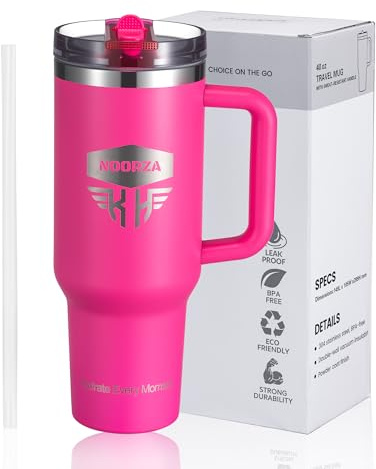 NOORZA Mug Isotherme 1,18L Acier Inoxydable 18/8 – Tumbler Grande Capacité avec Poignée, Paille et Couvercle Étanche – Double Paroi Sans BPA – Garde le Chaud et le Froid Pendant des Heures-Rose