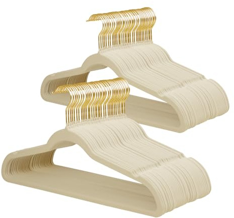 ManGotree Anzugbügel aus Samt mit 360° drehbarem Goldhaken 66 Stück Beige | Rutschfester Hosenbügel aus Filz, platzsparende Kleiderbügel für Erwachsene für Mantel, Jacke, Pullover, Hemden, Kleid
