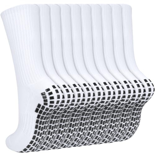 ouhos 5 Pares Calcetines de Futbol, Calcetines Deportivos Antideslizantes Fútbol con Agarres Hombre 43-46 (FR/ES, Números, 43, 46, Regular, Regular, Blanco)