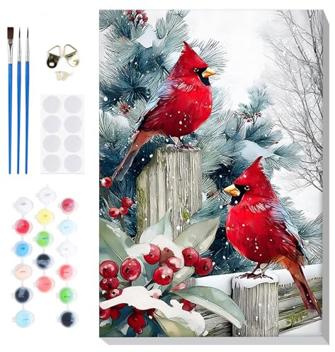 Lxmsja Måla efter siffror för vuxna, Inramad Röda Fåglar på Gren Christmas Måla efter nummer Kit, DIY Akrylmålning Hem Väggdekor, 20x30cm