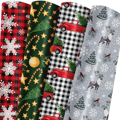 lyroiphic Weihnachten Geschenkpapier - 4 Weihnachtspapier mit Weihnachtsbaum, Weihnachtsmann, Schneemann, Schneeflocke - DIY-Bastelpapier für Geschenkverpackungen