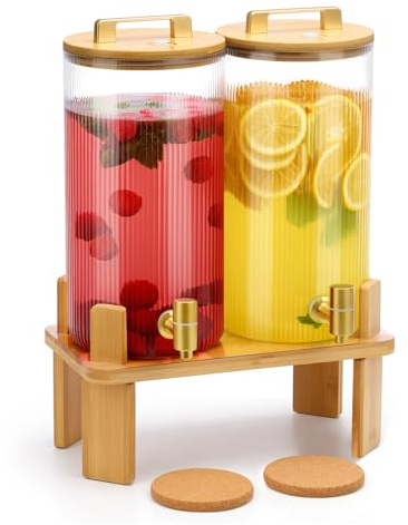 1.5 Gallon Glass Drink Dispensers for Parties, 2 PCS Beverage Dispenser With Wood Stand,Vertical Stripes Glass Lemonade Dispenser with Airtight Valve and Stainless Steel Spigot for Lemonade,Juice, Tea