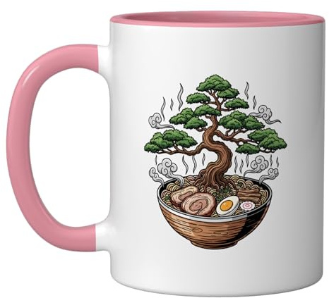 Bonsai Ramen Bowl Japanese Noodle Enthusiast Ceramic Mug, Pink/White