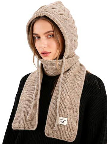 TAGVO Winter Warm Hat with Scarf 2 in 1, Adjustable Balaclava Hat With Hooded Scarf Windproof Pullover Scarf Beanie, Elastic Knitted Balaclava Beanie and Neck Warmer Unisex for Winter Outdoor