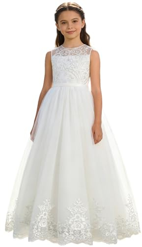 Abaowedding Girls White Flower Girl Dress, Elegant Lace Tulle Ball Gown for Pageant, First Communion (Size 4, White)