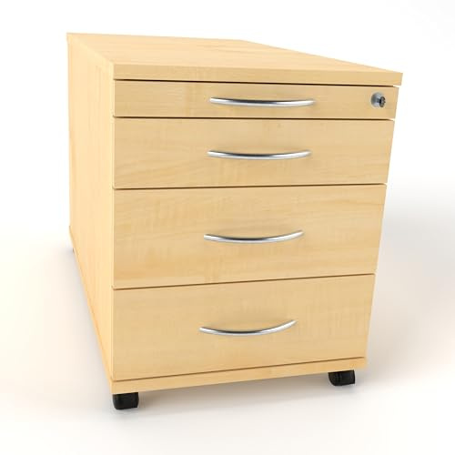 Rheinland Möbel Rollcontainer CADI 43×80×51 cm – abschließbarer Bürocontainer in Ahorn mit Orga- & 3 Universal-Schubladen, Metall-Bogengriff