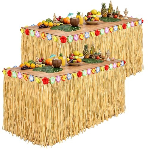 2 Pack Luau Grass Table Skirt, Luau Party Decorations, Natural 275x75cm Hawaiian Grass Table Skirt with Flowers for Hawaiian Party Summer Tropical Costume Party Birthday Beach Party Supplies