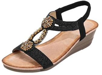 Générique Damsandaler med strass - damskor etnisk kompensationshalt sandaler tjock sula chic stadsskor vintage öppna tofflor lätta tofflor lediga promenader, svart, 41 EU
