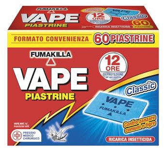 Vape, 60 Piastrine Classic, Protegge dalle Zanzare Comuni e Tigre, 12 Ore di Protezione in Ambienti chiusi e all'Aperto per Ogni Singola Piastrina