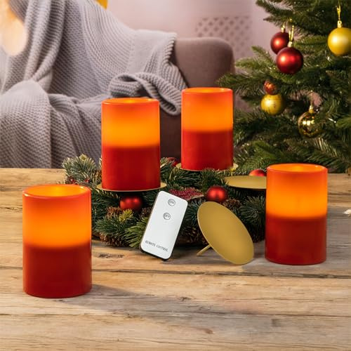 Spetebo LED Wachskerzen rot mit Kerzentellern gold - 4er Set - Künstliche Stumpen Kerzen mit Fernbedienung