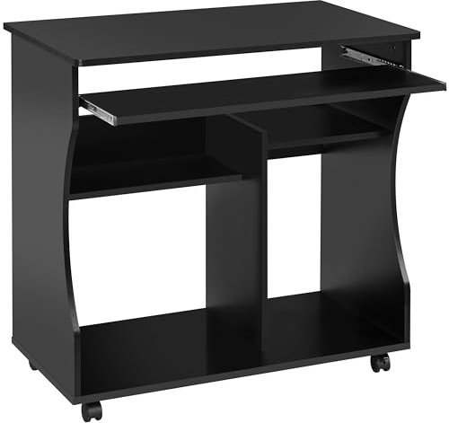 Yaheetech Bureau Informatique à roulettes Bureau d'ordinateur en Bois avec Plateau pour Clavier Étagères de Rangement Bureau Bibliothèque Poste de Travail 80 cm L × 48 cm l × 76 cm H Noir