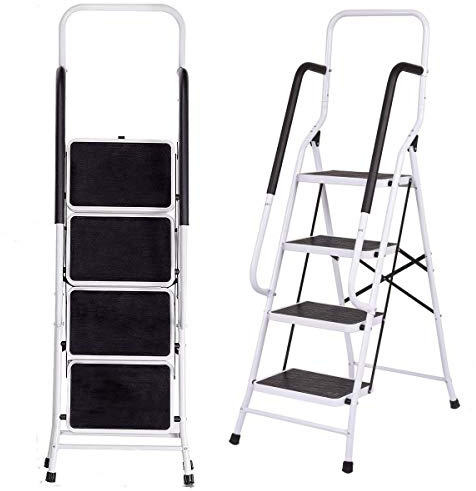 Escabeau Marchepied Acier 4 Marches, Escabeau Professionnel avec 2 Rampes de Sécurité & Garde-Corps Charge max. 150Kg