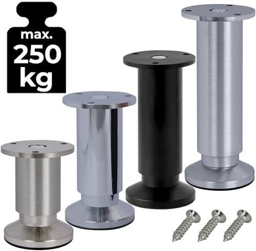 Stahlia Set om 4 möbelben, justerbara möbelben, 6 cm hög, rostfritt stål utseende, Ø 38 mm, aluminium, skåpben, kan belastas upp till 250 kg, soffben, möbelben, metallben, hyllfötter