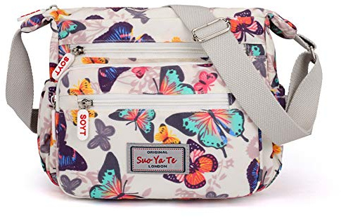 YYW Womens Multi-Pocket Casual Crossbody Handbags Waterproof Shoulder Nylon Bags (Butterfly-White)