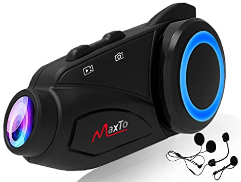 MAXTO Motorcycle Bluetooth Intercom with Camera M3 motorbike Helmet headset,6 Riders1000M intercom Communication system Kit,Wireless Interphone (Siri Google Assistant/Waterproof/FM/TF Card Max 128G)