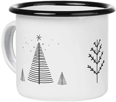 MUGSY Emaille Tasse, Tannenbaum-Motiv, 300ml, schwarz/weiß, bruchfest & leicht