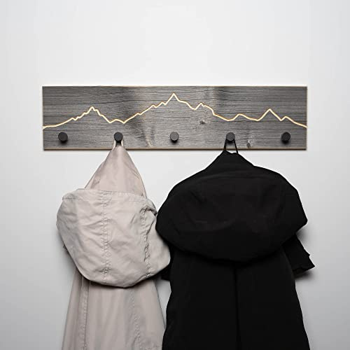 WOODS Garderobe aus Altholz mit Berg Motiv | handgefertigt in Bayern | Garderobenleiste Holz | Hakenleiste Wandgarderobe Flur | Handtuchhalter Bad (70cm (6 Haken), schwarze Haken)