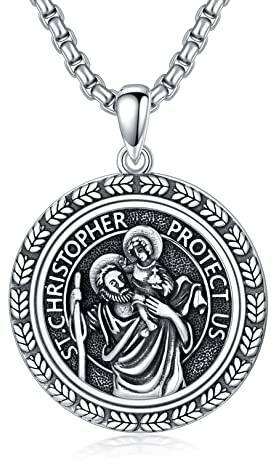 PDTJMTG 925 Sterling Silver St Michael/St Christopher Oval Round Medal Archangel Cross Pendant for Men with Stainless Steel Chain