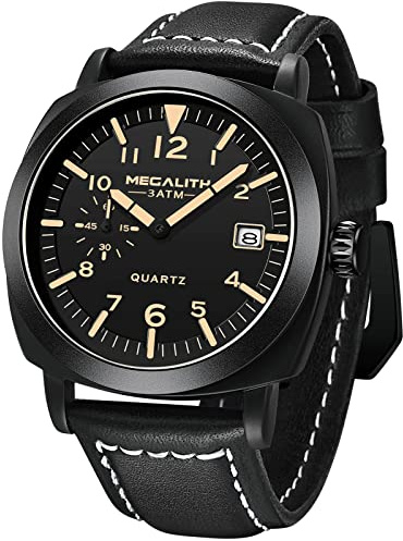 MEGALITH Herrenuhr Militär Uhr Sport Outdoor Wasserdicht Armbanduhr Herren Lederarmband Großes Zifferblatt Quarz Uhr mit Leuchtende Kalender Datum Mode Uhren für Männer Schwarz