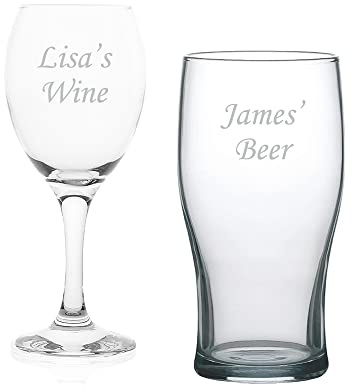 EIO Gifts Personalised Wine and Tulip Beer Glass Gift Set with Presentation Boxes - Glasses Engraved with Any Custom Text