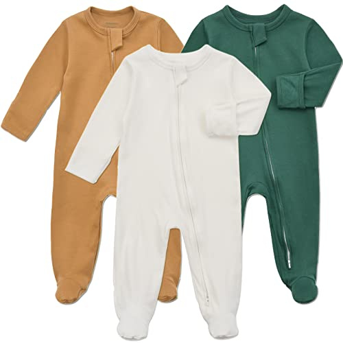 Aablexema Baby Footie Pajama with Mitten Cuffs, Double Zipper Infant Cotton clothes Sleeper Pjs, Footed Sleep Play(White & Green & Khaki,6-9 Months)