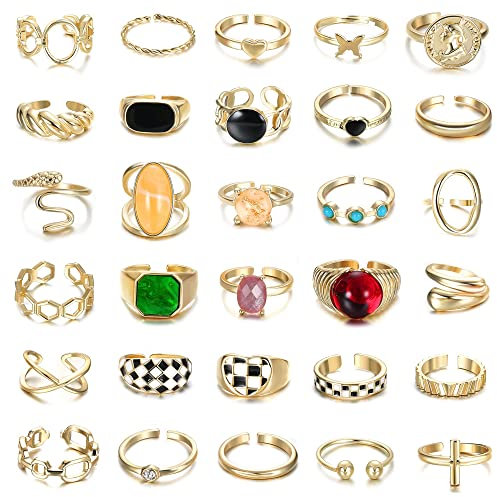 Morfetto 30 Stück 18 Karat Gold Klobige Ringe für Frauen Vergoldete Ringe Klobige verdrehte Siegelringe Stapelbare Knöchel-Midi-Ringe Einstellbare offene Ringsätze Gold