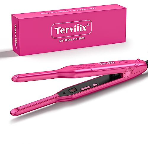 Terviiix Mini Flat Iron and Hair Straightener for Short Hair, Edges, and Pixie Cut - 3/10 Inch Skinny Pencil Straightener for Black Women's Baby Hair, LCD Digital Display, Dual Voltage, Pink