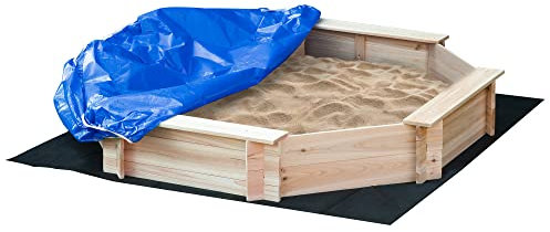 Outsunny Arenero de Madera para Niños Arenero Infantil Octágono con Cubierta de Poliéster y Tela no Tejida Juego para Niños de 3-8 Años para Patio Jardín 139,5x139,5x21,5 cm Natural y Azul