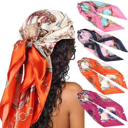 DRESHOW 4 Pack Pañuelos Satén Cuadrados Grandes Pelo Accesorios Seda de Playa Estampado Clásico para Mujer